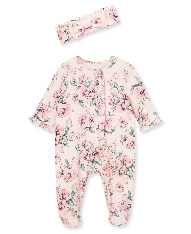 Dream Floral 2-Way-Zip Footed One-Piece & Headband