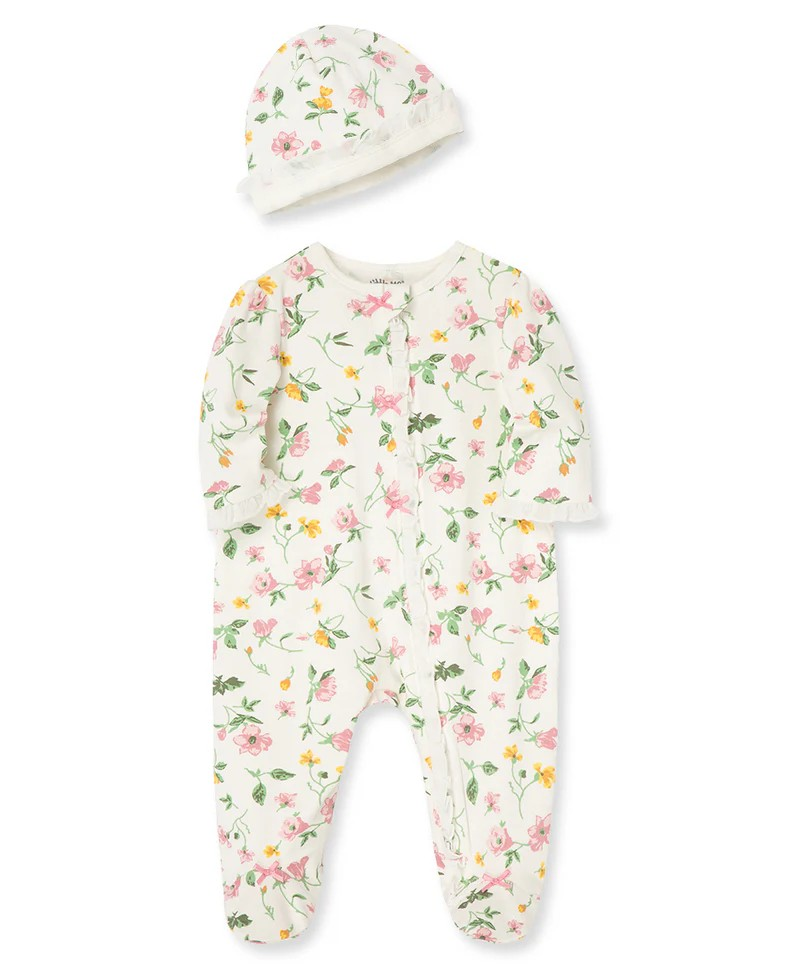 Floral Leaf 2-Way-Zip Footed One-Piece & Hat