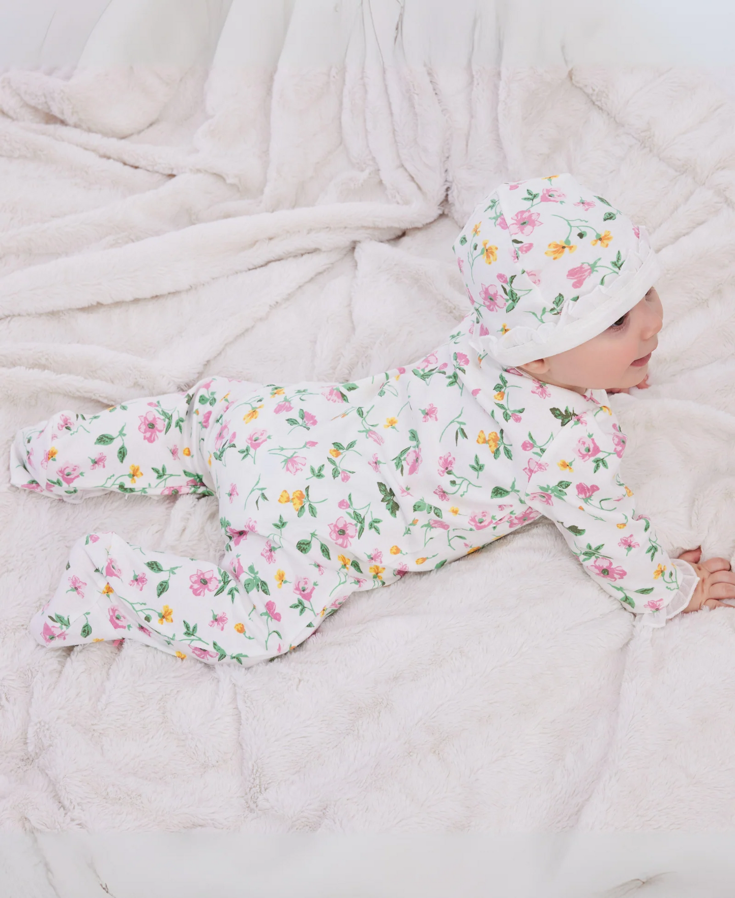 Floral Leaf 2-Way-Zip Footed One-Piece & Hat