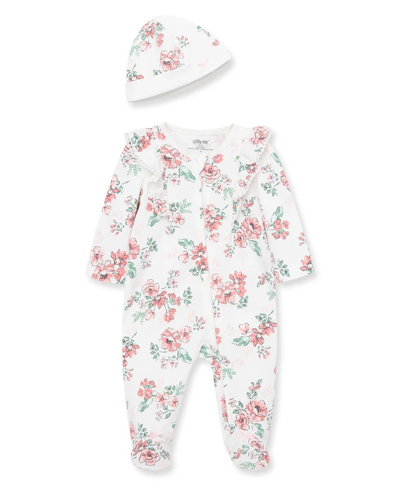 Whimsical Floral 2-Way-Zip Footed One-Piece & Hat