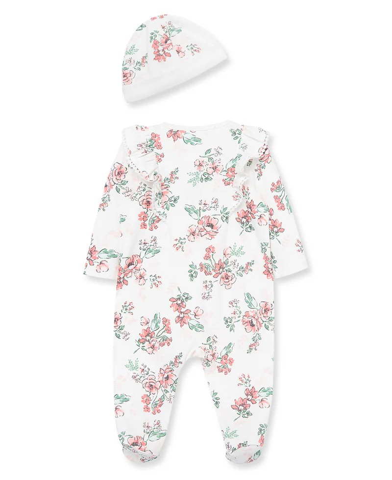 Whimsical Floral 2-Way-Zip Footed One-Piece & Hat
