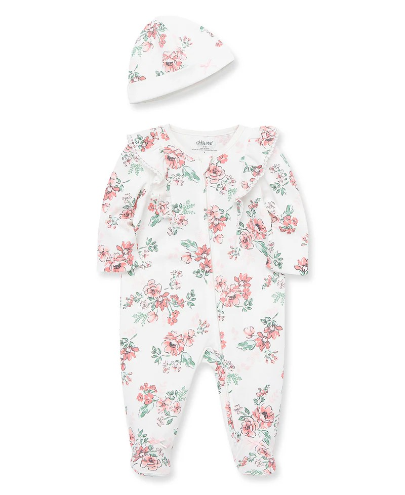 Whimsical Floral 2-Way-Zip Footed One-Piece & Hat