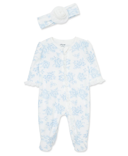 Blue Roses 2-Way-Zip Footed One-Piece & Headband