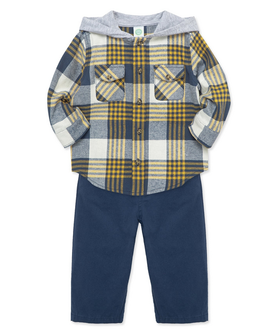 Navy Plaid Woven Pant Set