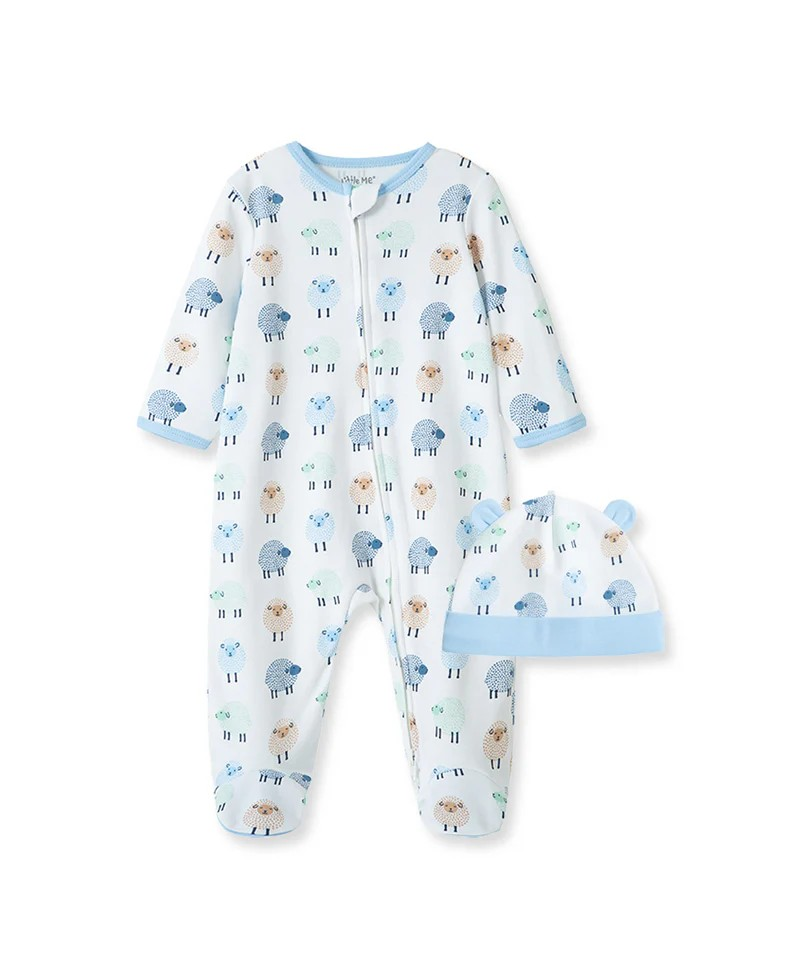 Little Lambs 2-Way-Zip Footed One-Piece & Hat