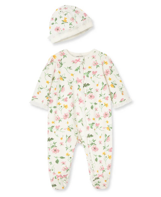 Floral Leaf 2-Way-Zip Footed One-Piece & Hat