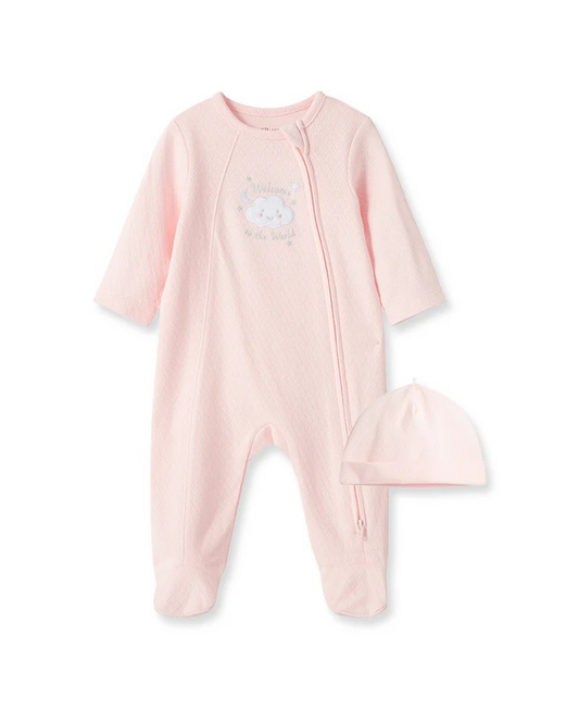 New Pink Welcome To The World Zip Front Footed One-Piece & Hat