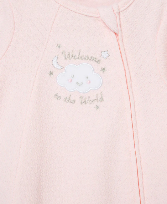 New Pink Welcome To The World Zip Front Footed One-Piece & Hat