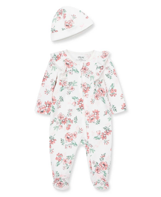 Whimsical Floral 2-Way-Zip Footed One-Piece & Hat